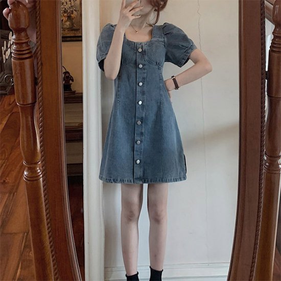 Women Summer Denim Waist Small Puff Sleeve Plus Size Dress