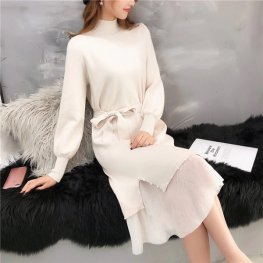 Women Winter Sweater Dress Knitted Turtleneck Lace